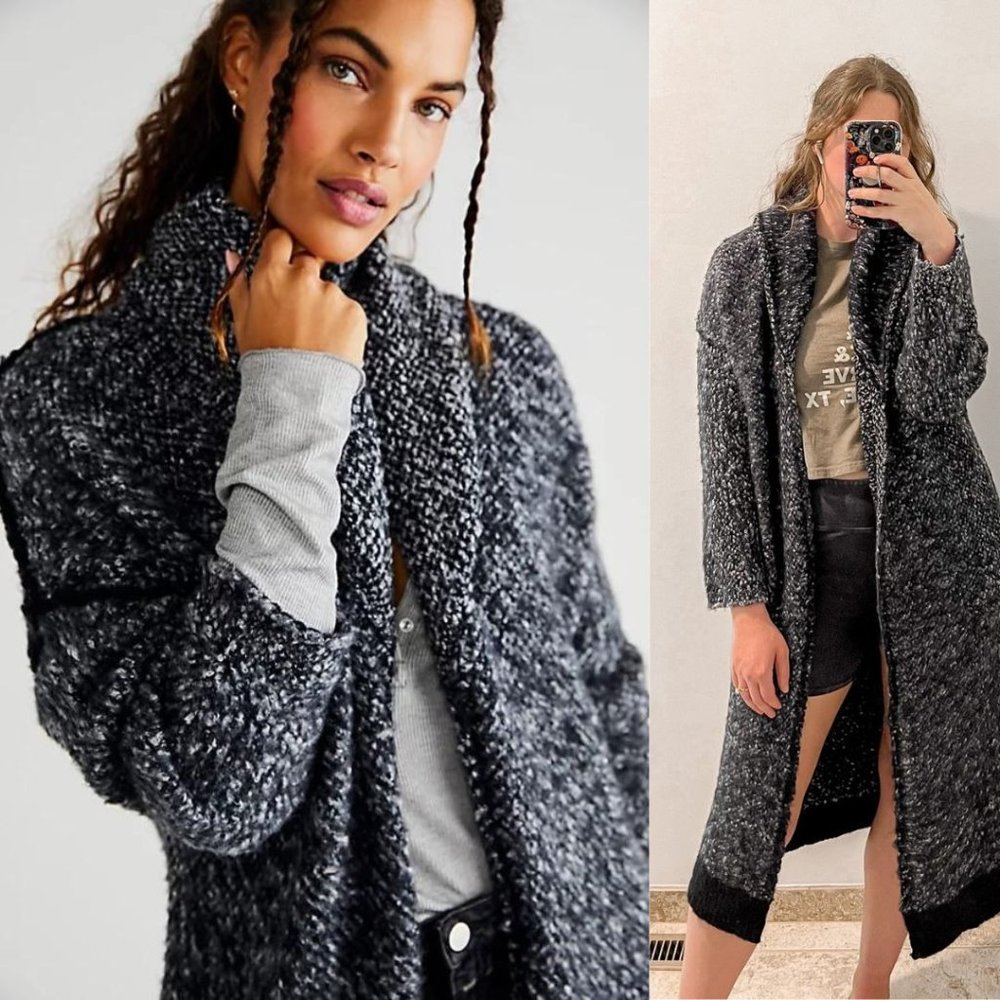 Cozy Open-Front Black-Gray Bouclé Cardigan Sweater